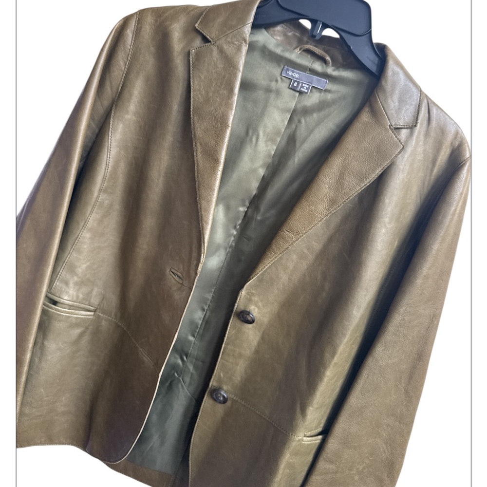 VINCE Saddle Olive Green Leather Jacket Size 6 - Picture 4 of 11